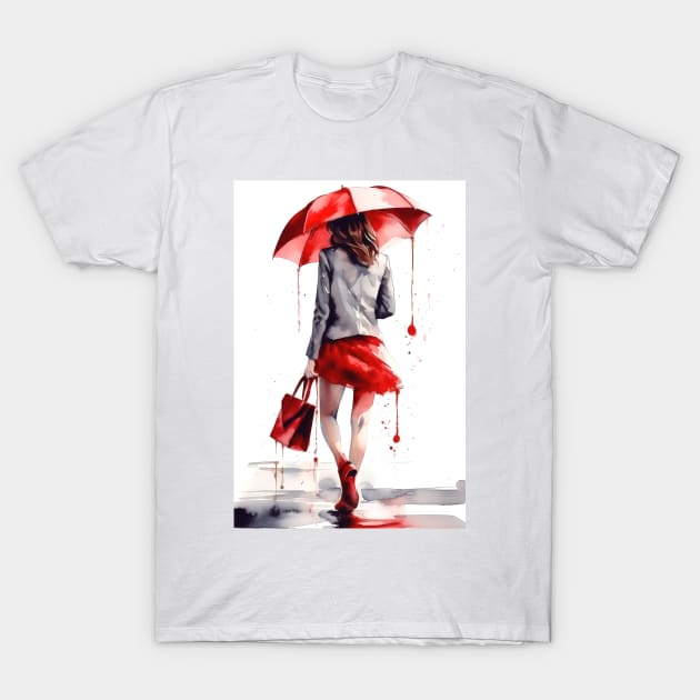 Girl with a red umbrella T-Shirt by RosaliArt